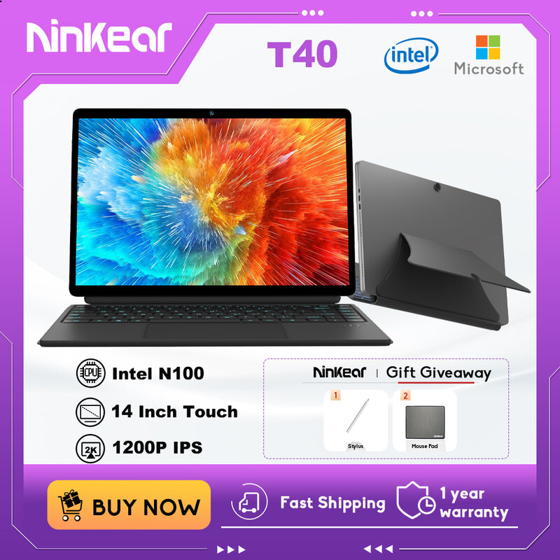 Ninkear-Mini laptop com tela sensível ao toque, Windows 11 Notebook, T40 Tablet, 14 em, 2 em 1, Intel N100, 16GB + 512GB, 1200P IPS, frete grátis