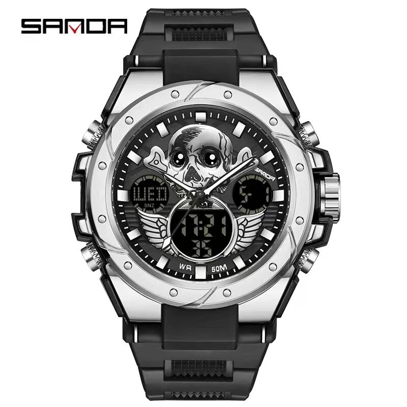 SANDA-Relógio impermeável do esporte para homens, relógio de pulso do exército militar, marca superior, relógio de caveira, display duplo, horas, 6087