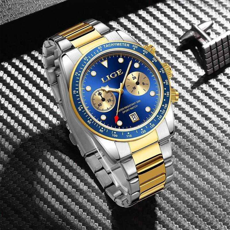 Lige นาฬิกาควอทซ์สำหรับผู้ชาย, นาฬิกาข้อมือควอทซ์ลำลองนาฬิกาสแตนเลสสตีลกันน้ำสำหรับผู้ชายนาฬิกาเรืองแสงแสดงวันที่
