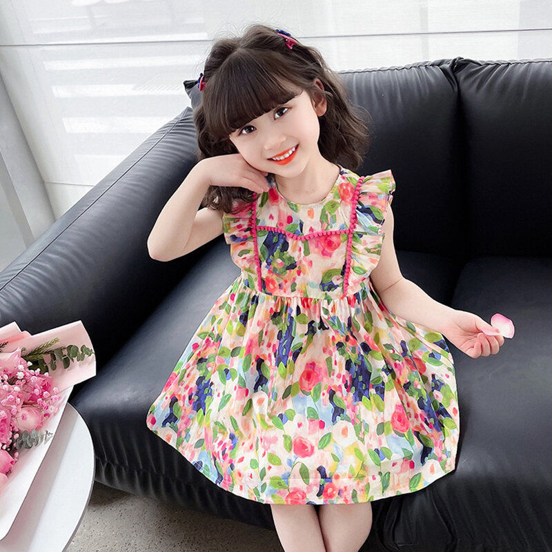 Vestidos casuais estilo coreano infantil, doce inchado, festa de princesa, padrão de flores, moda, pele amigável, verão