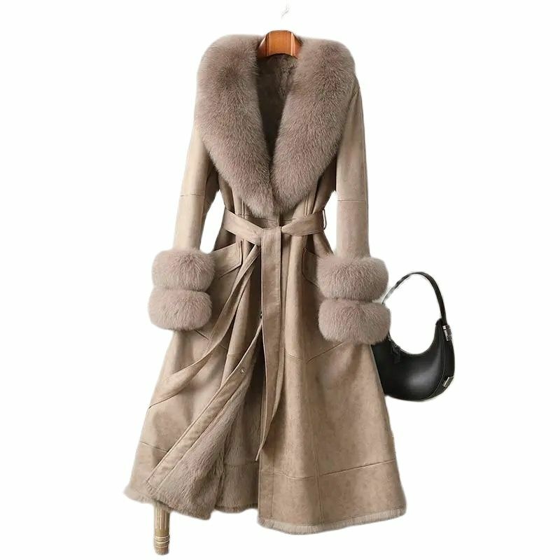 Зимнее высококлассное Женское пальто из искусственной кроличьей кожи на одно тело с воротником из искусственного меха лисы облегающее пальто