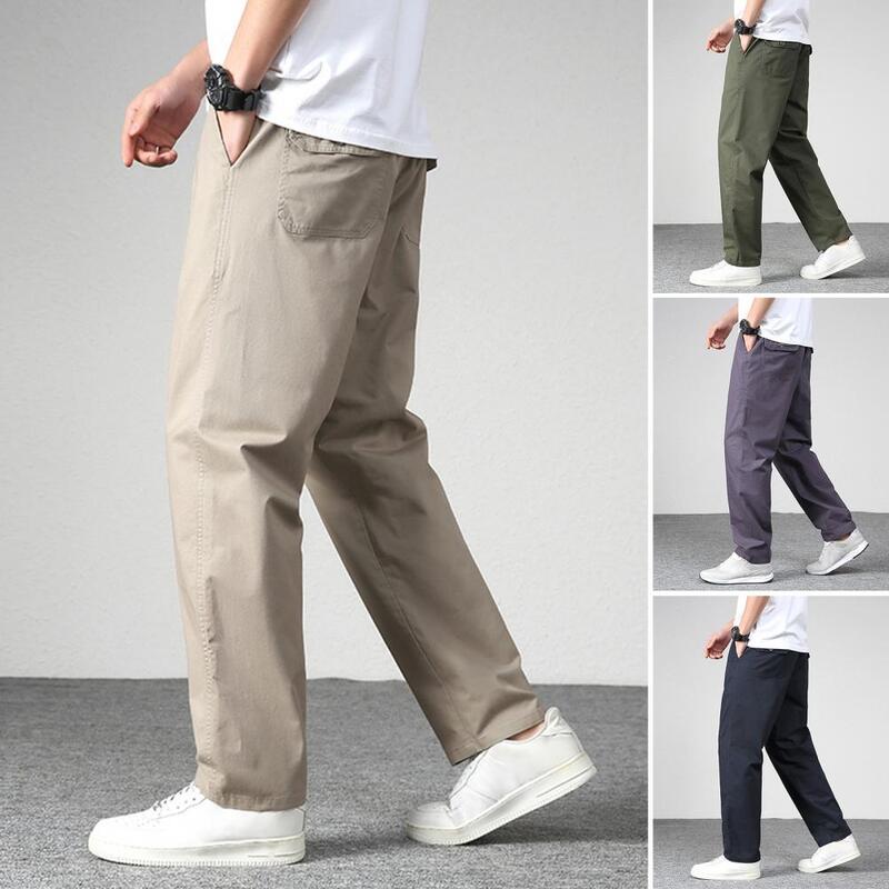 Zipper Closure Pants Men's Straight Fit Casual Pants with Multiple Pockets Mid Waist Solid Color Trousers for Summer Fall