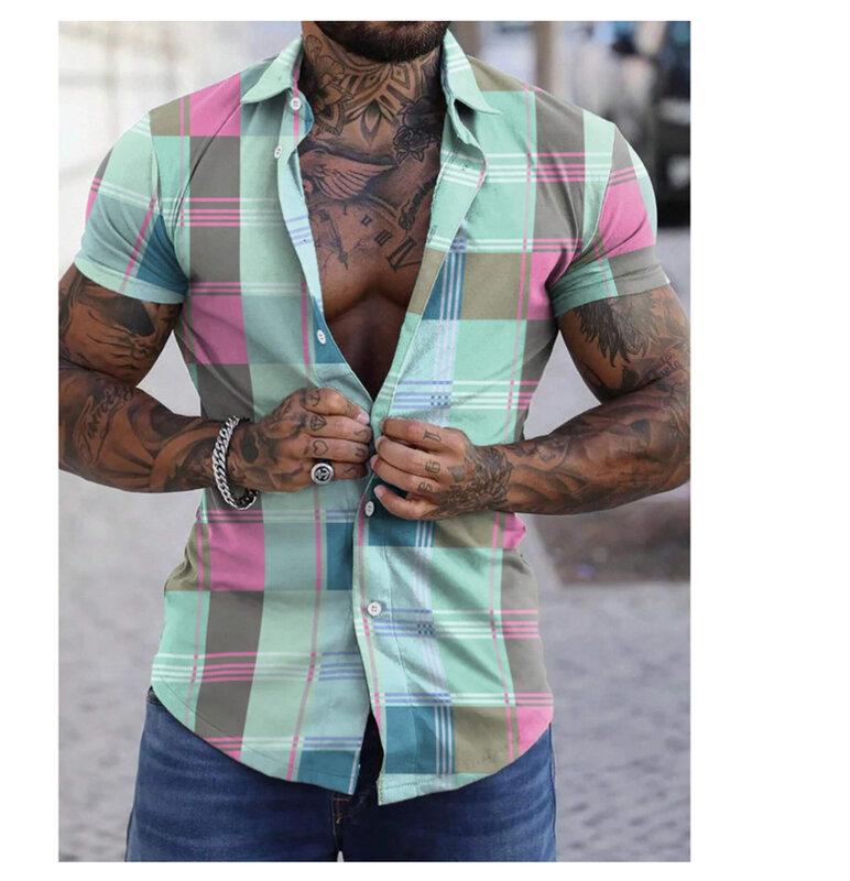 Новинка 2024, мужская рубашка в клетку, рубашка в стиле ретро с отложным воротником и короткими рукавами, Повседневная дизайнерская мужская одежда для отпуска