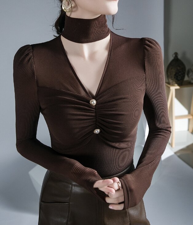 Blusa informal elegante para mujer, jersey de manga larga con cuello alto, ajustado, para diario, novedad de 2023
