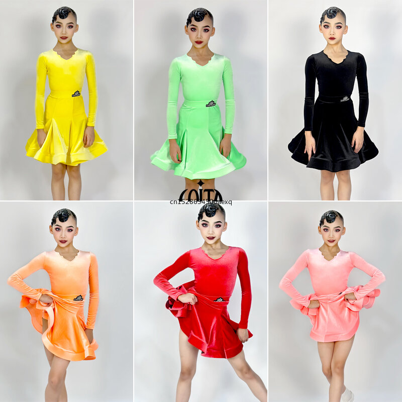 7 Colors Kids Performance Latin Dance Costume Girls Latin Dance Professional Dress Long Sleeved Velvet Ballroom Dance Dress