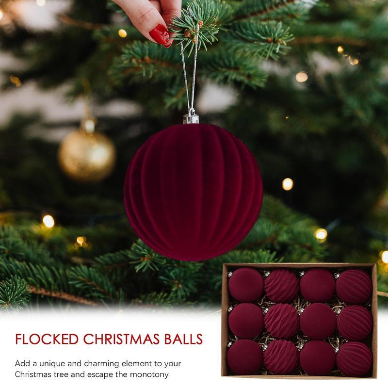 8cm 12pcs Christmas Balls Ornaments Wine Red Flocking Christmas Tree Party Decoration New Year Christmas Spheres 2024