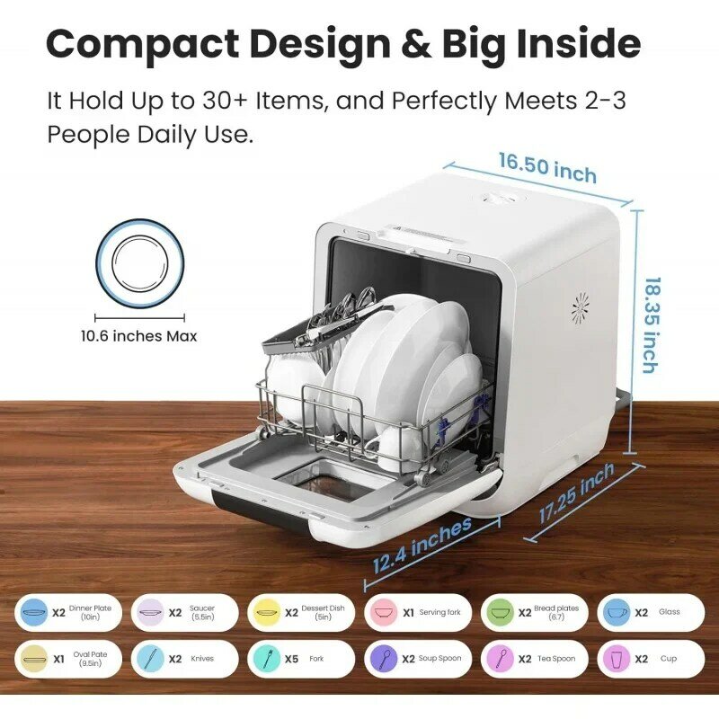 Comfe'-ポータブルカウンタートップ食器洗い機,6lの内蔵水タンクを備えたミニ食器洗い機,内部のより多くのスペースを備えた食器洗い機,7つのプログラム可能