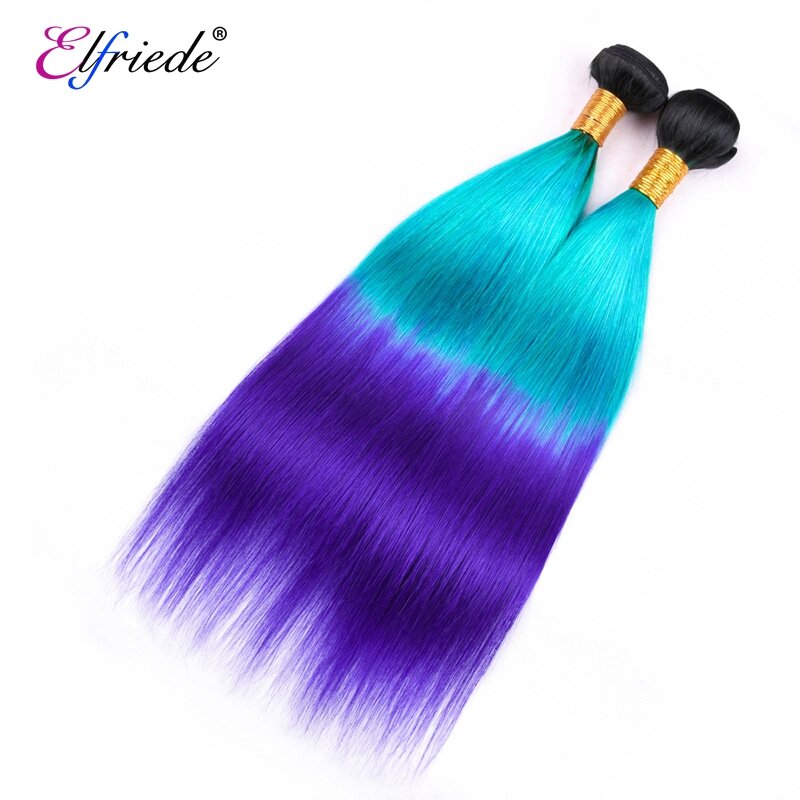 ElfriEDE Straight Human Hair Bundles, Ombre Colored, 1B Light Blue and Blue, Tece cabelo, extensões de cabelo, 3 ou 4 pacotes, ofertas