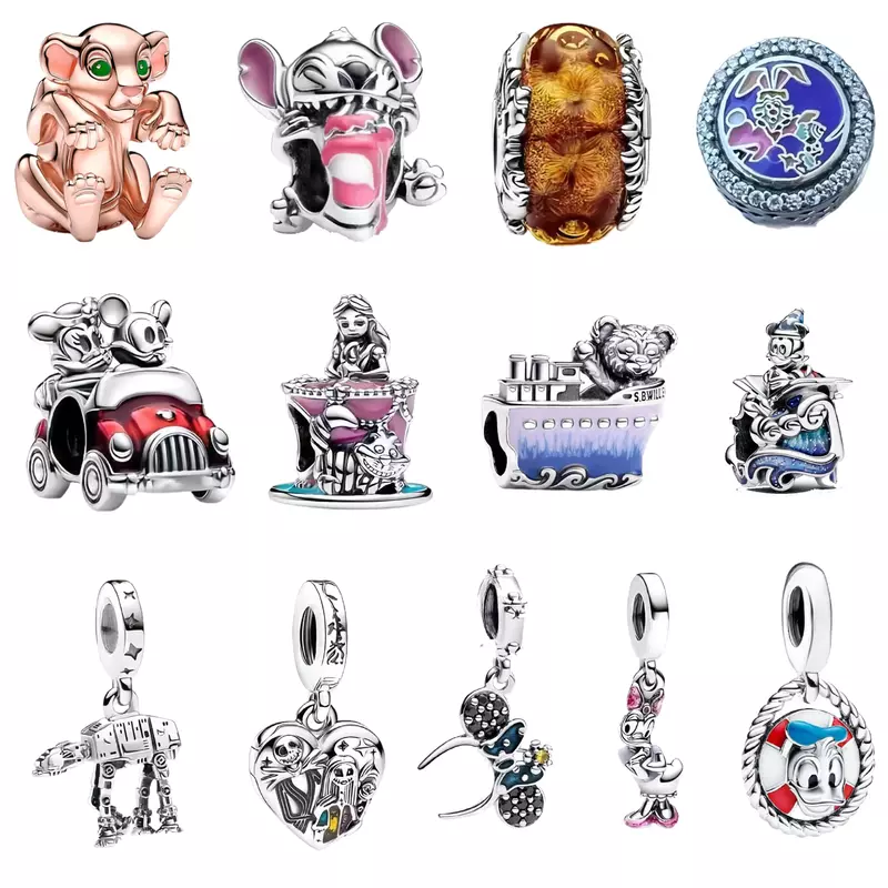 Disney-925 Sterling Silver Bead Charme para Pandora Pulseira, Mickey, Minnie, Pato Donald, Alice, Ponto, Jóias, Novo, 2024
