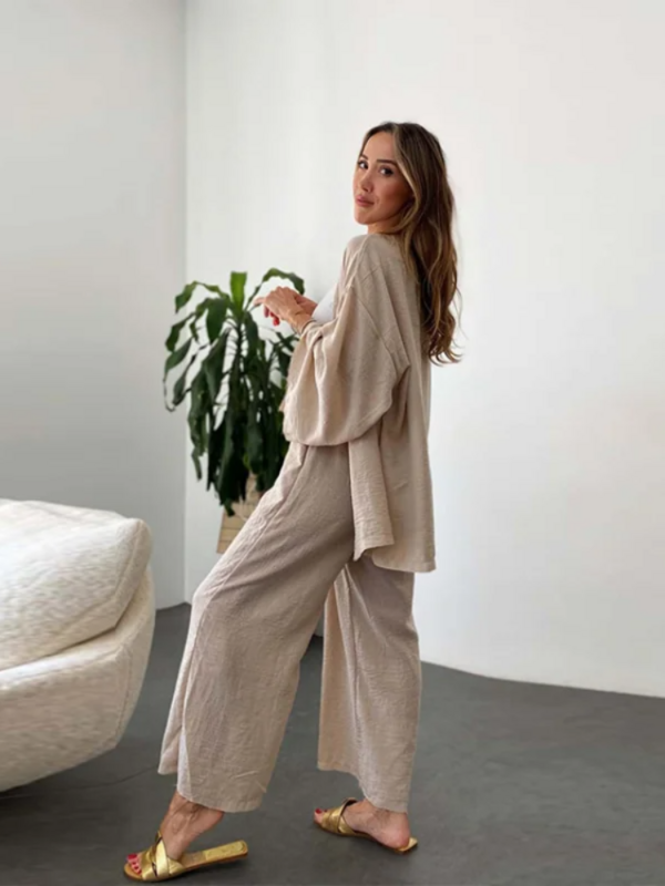 Spring Summer Cotton Linen Sets For Women Casual Loose Cardigan and Wide Leg Pants Breathable Two Piece Sets Women Outfits