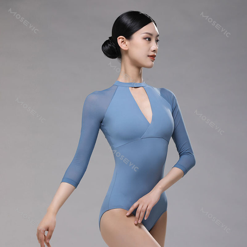 Ballett anzug für Frau Badeanzug V-Ausschnitt Langarm üben tanzen Bodysuit Erwachsenen elegante Gymnastik Ballett Overall