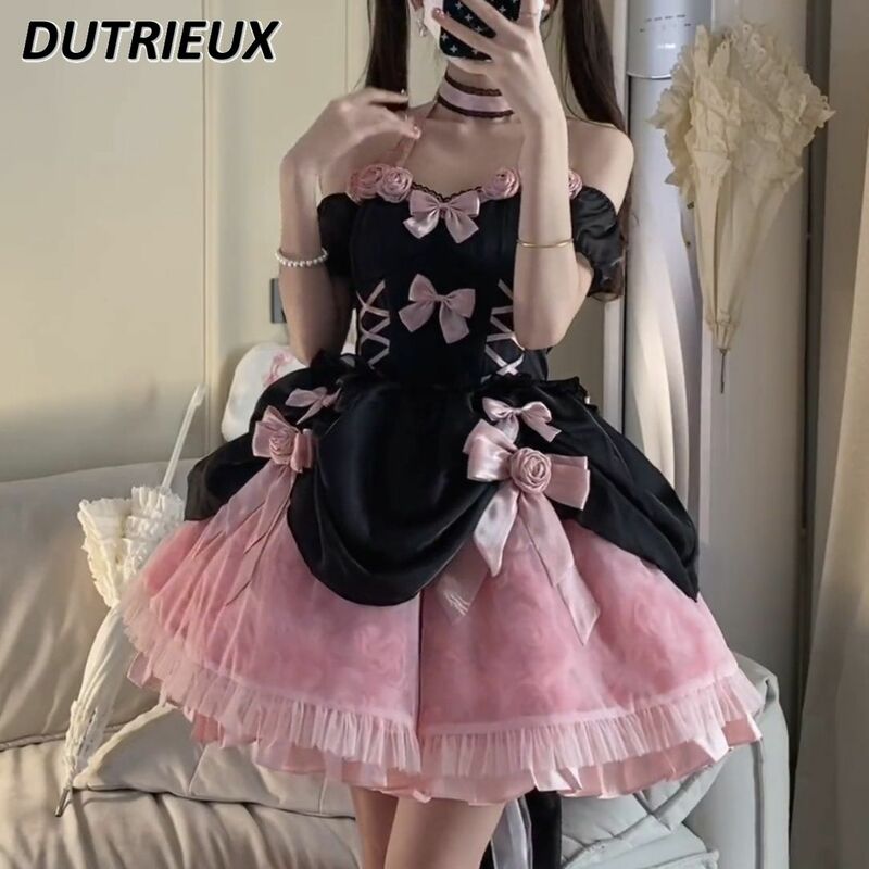 Lolita Pink Rose Girls Color-Matching Y2k Dress Sweet Princess Style Waist-Tight Fishbone Off-shoulder Short Dresses for Women
