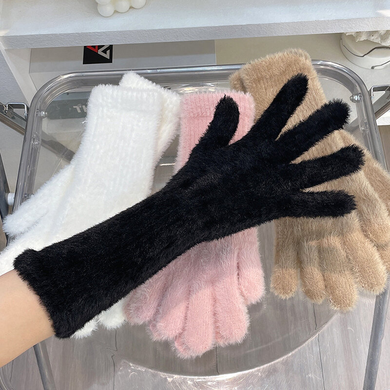 Женские зимние плюшевые длинные перчатки, уличные вязаные варежки с пальцами, однотонные элегантные теплые мягкие перчатки для катания на лыжах