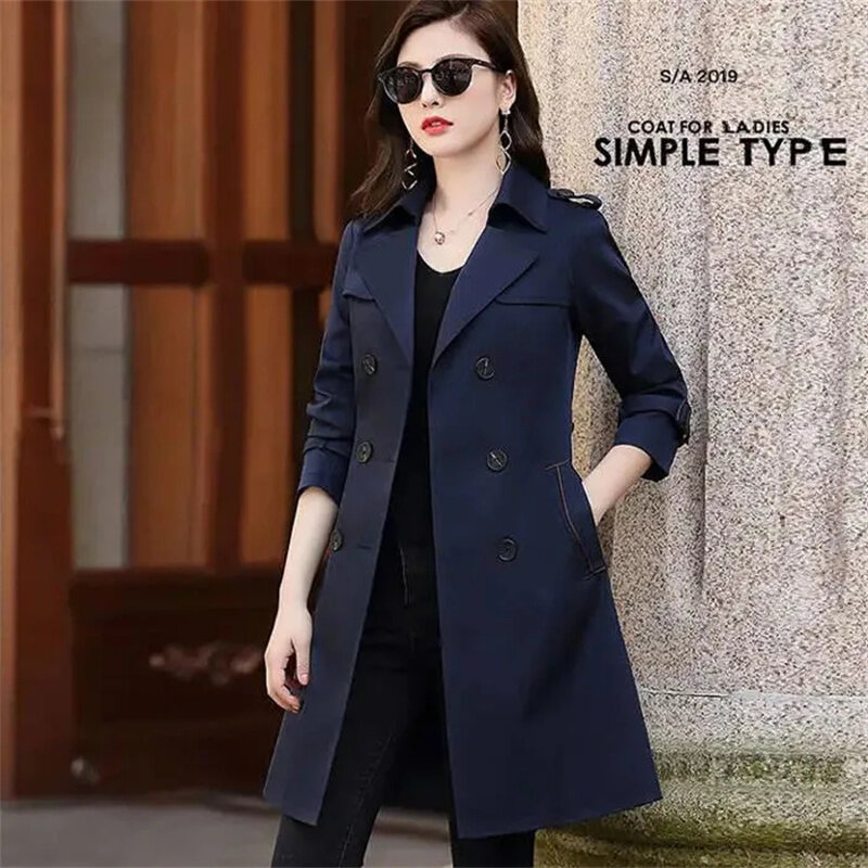 2024 Spring and Autumn Windbreaker Women's Mid Length Slim Fit Versatile Fashion Women's New Casual Double Breasted Coat Female