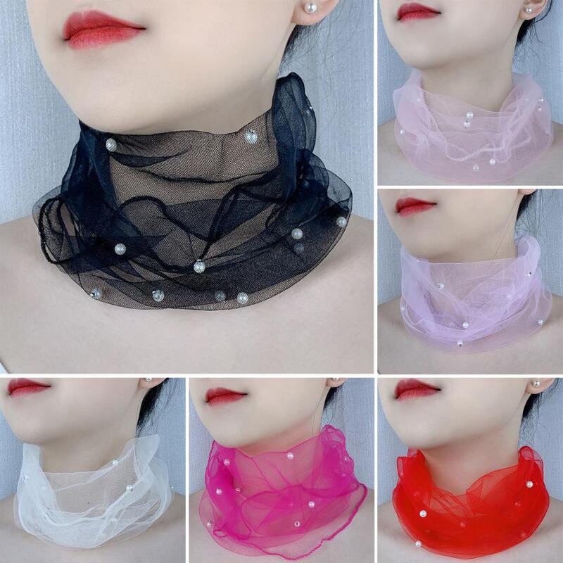 Bufanda de encaje de Organza elástica de perlas de imitación de decoración de cuello de Color sólido, envoltura de cuello elástica multifuncional elegante