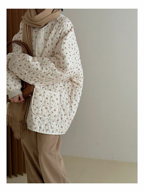 Женская Стеганая куртка с хлопковой подкладкой, свободная тонкая универсальная куртка из чистого хлопка с цветочным принтом в Корейском стиле, Осень-зима 2024
