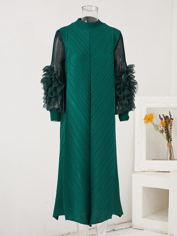 LANMREM Maxi plisowana sukienka wokół szyi łączone grzyb sukienki z pełnym rękawem dla kobiet 2024 nowa odzież wiosenna 2Qa1331