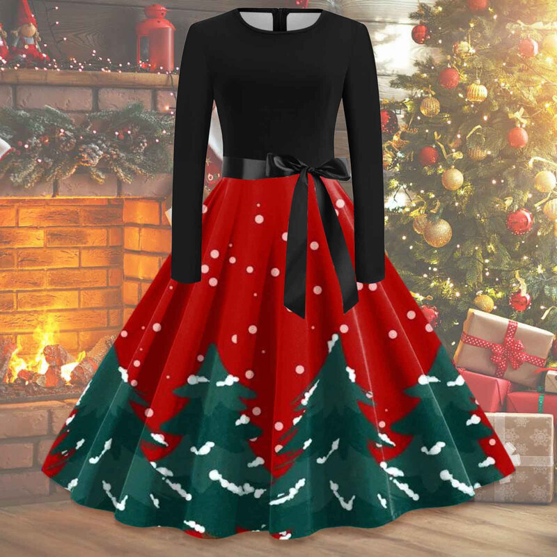 Women Vintage Long Sleeve O Neck Christmas 1950s Housewife Evening Party Prom Party Women Vintage Dress Skater Dress for Women