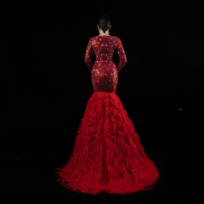 Роскошное вечернее платье, красная Великолепная юбка с страусиными волосами, ручная работа, украшенная бусинами, для женщин, размеры Queen вечерние, одежда для шоу 14299-3