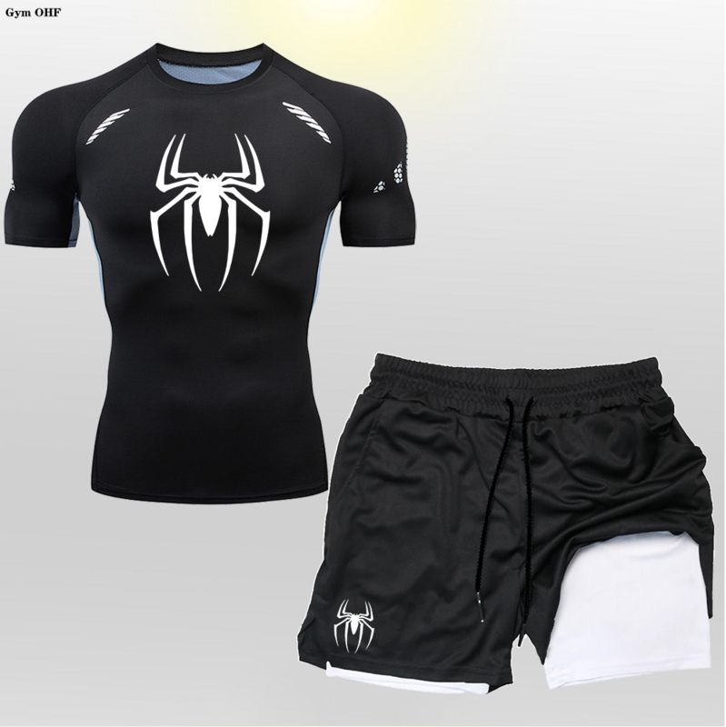 Spider Men CompressionT Shirt Shorts Set 2 in 1 Double-Deck Fitness Sports Suits Men Clothing Gym Short Sleeve Shirts Running