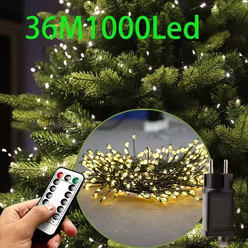Luces de racimo de alambre verde para exteriores, 36M, 1000LED, para jardín, árbol de Navidad, decoración de boda, fiesta, vacaciones