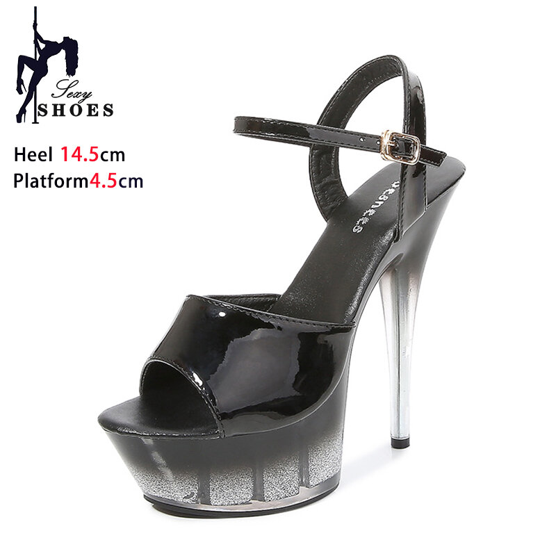 Sepatu tari tiang musim panas tali gesper pergelangan kaki 14.5CM hak tipis transparan sandal Platform wanita klub malam ukuran Plus 42