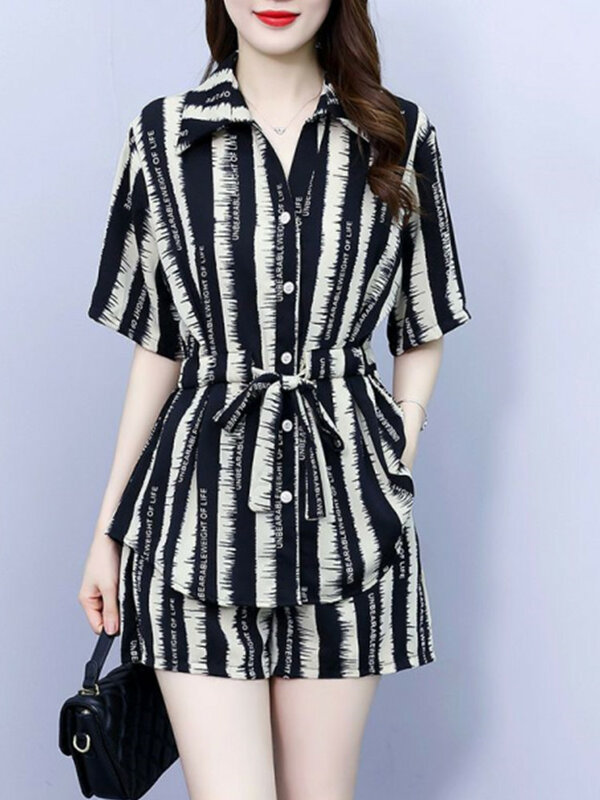 2024 Spring/Summer Korean New Women's Set Thin Fashion Stripe Printed Shirt Casual Slimming Two Piece Set