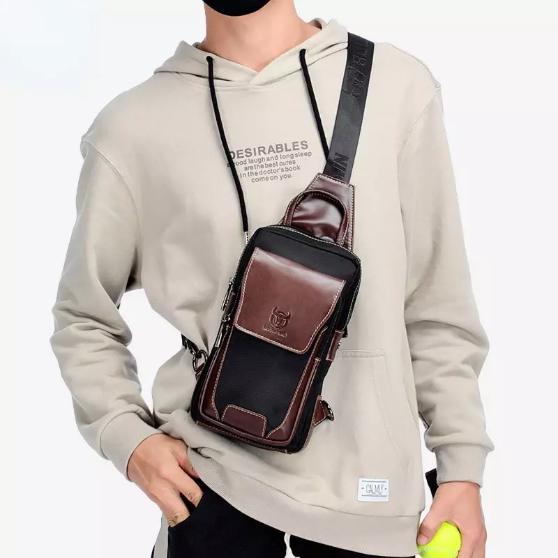 Men's Chest Bag Casual Soft Genuine Cowhide Leather Patchwork Shoudler Bags