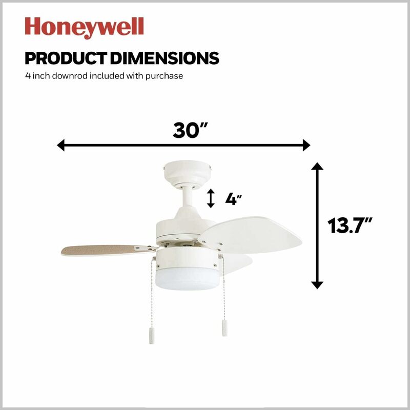 Honeywell 천장 팬 오션 브리즈, 30 인치 모던 실내 LED 천장 선풍기, 조명, 풀 체인, 이중 장착 옵션
