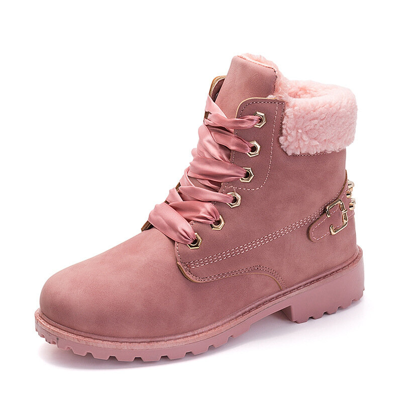 Zapatos de invierno para mujer, botas cálidas de felpa a la moda, botines de nieve con cordones de punta redonda, zapatos de marca, 2021