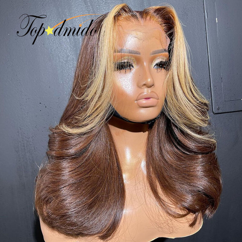 Topodmido Highlight Blonde Color Short Human Hair Wig with Middle Part Brazilian Hair 13x4 Lace Front Wig with Baby Hair Glueles