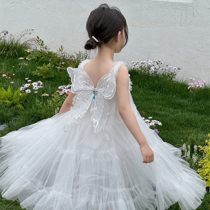 Dziewczęca sukienka 2024 nowa letnia dziewczyna słodka księżniczka sukienka motylkowa dziecko strój koronkowy urodziny ubrania imprezowe kochaj życie Cosplay