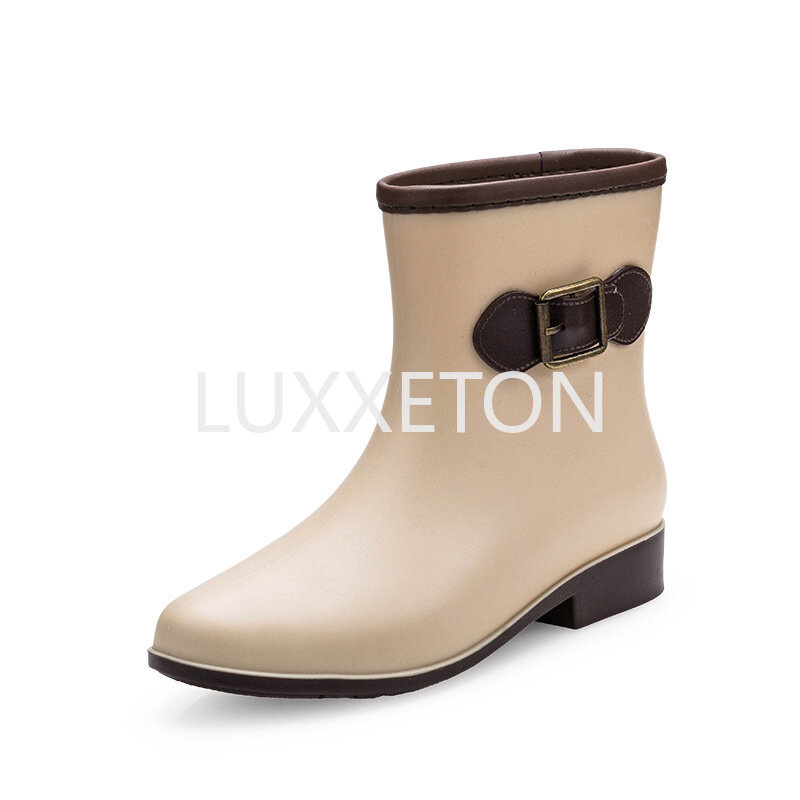 PVC Rubber Rainboots Woman Glossy Solid Color Autumn 2023 Female Waterproof  Rain Boots  Casual Shoes Thick Heel Rainboots Lady