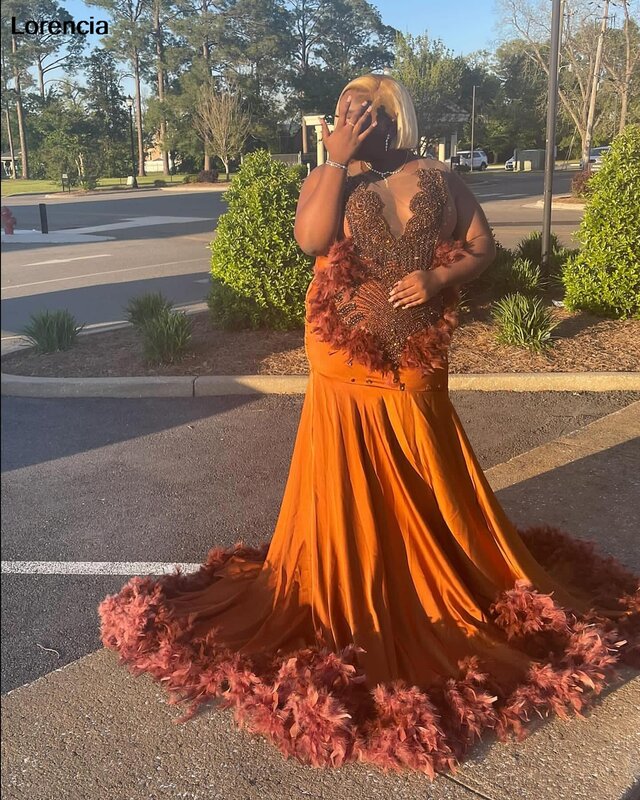 Lorencia Orange Feathers Mermaid Prom Dress 2024 Beading Gillter African Girls Party Gowns Long Aso Ebi Evening Dress YPD139