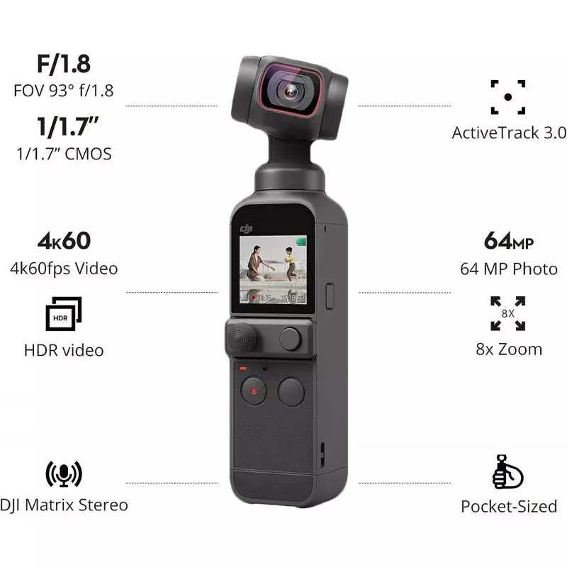 Карманный 2-ручной 3-осевой карданный стабилизатор с 4K камерой, 1/1.7 дюймов CMOS, 64 Мп фото, карманный, ActiveTrack 3,0, glamour