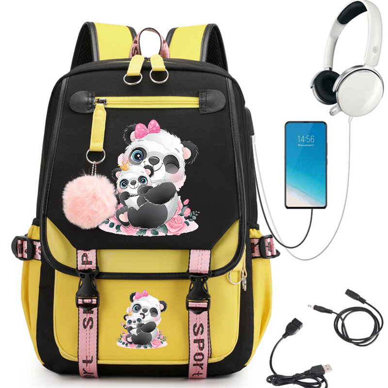Śliczna mała Panda z akwarelą kreskówka szkolny torba dla nastolatki plecak dla dziewcząt Anime Cartoon Bag pack plecak studencki torby Usb