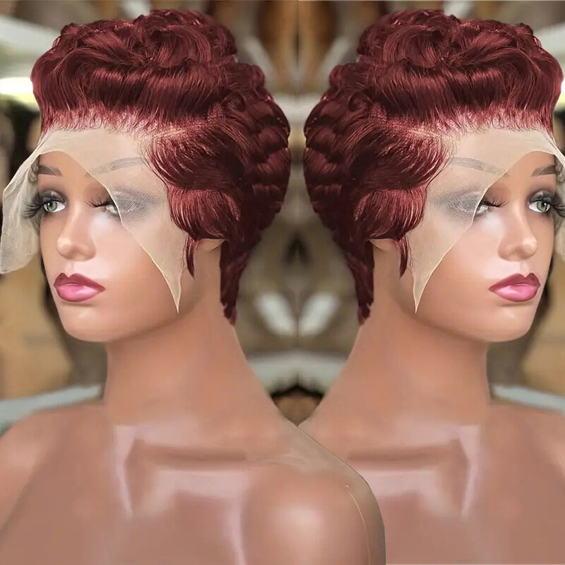 Pixie Wig rambut manusia 100% keriting 13x4 Wig Bob pendek potongan Pixie #350 warna 99J Wig rambut manusia Frontal untuk WANITA HITAM