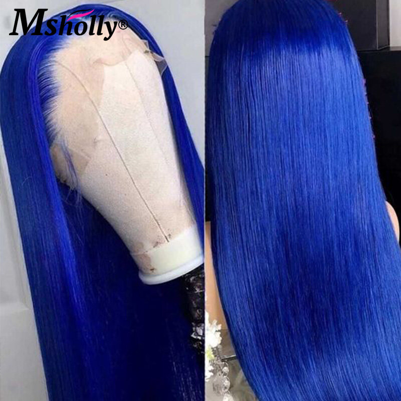 Peluca de cabello humano liso con encaje Frontal para mujer, pelo Remy brasileño, color azul marino, HD, 13x4