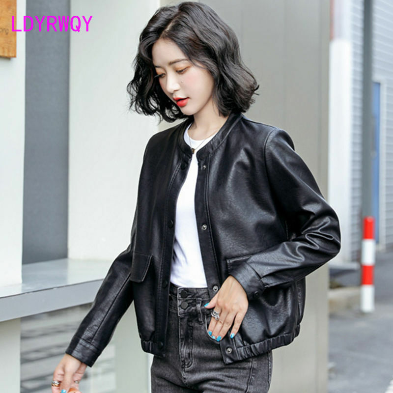Jaqueta de couro de colarinho feminino, casaco pequeno de motocicleta, versão coreana, novo, outono, 2023