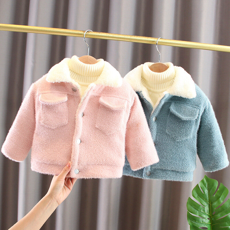 2023 Winter New Girl's Solid Color Overcoat Cute Plush Thickened Cotton Cardigan Single Breasted Long Sleevewarm Lapel Outwear
