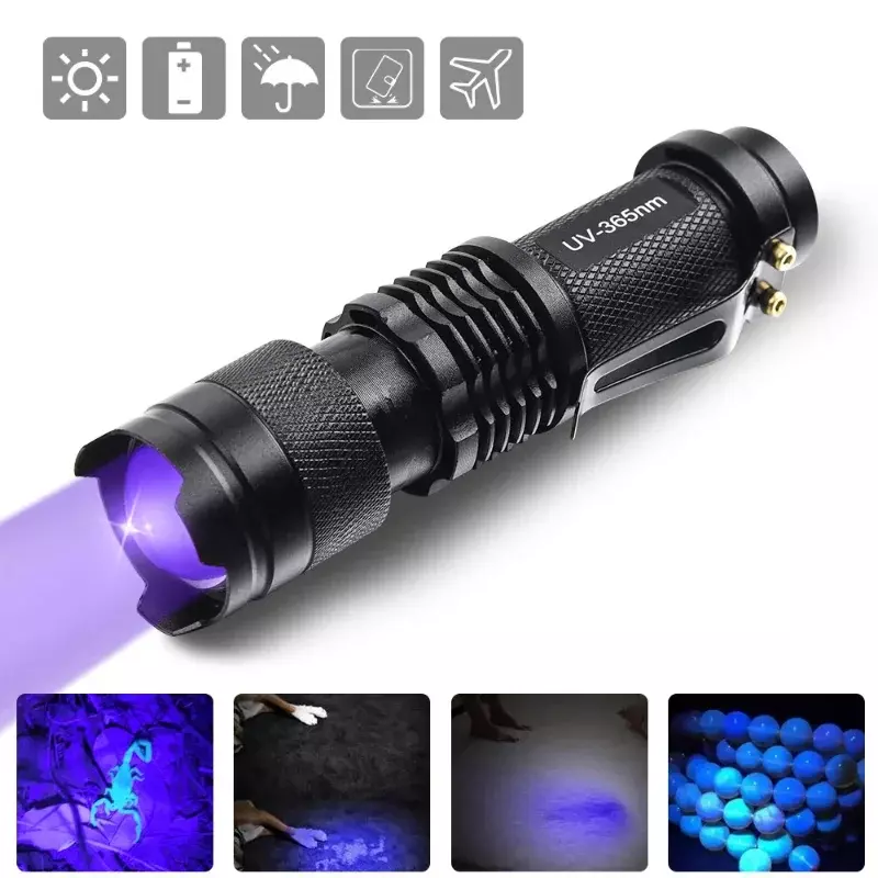 Linterna ultravioleta LED UV, luz violeta de longitud de onda 395-400nm, función de Zoom, escorpión de orina para mascotas, Detector de higiene femenina