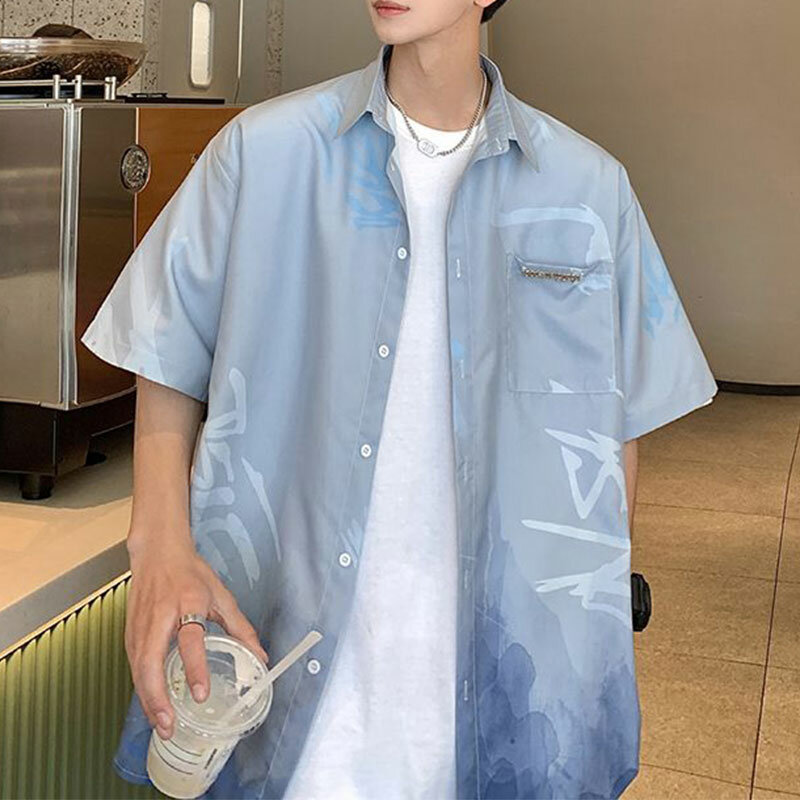 Elegancka modna Harajuku Slim Fit odzież męska luźna sportowa odzież wierzchnia z kwadratowym dekoltem guzik z krótkim rękawem Blusa