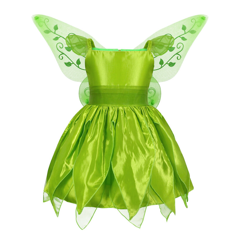 Gaun putri anak perempuan, gaun peri bunga dengan sayap kostum putri Halloween, Gaun bel Tinkerbell pesta