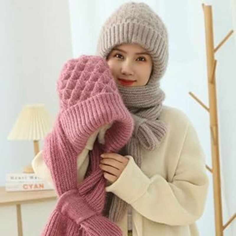 Windproof Beanie Hat Scarf Casual Winter Warm Thickening Integrated Ear Protection Cap Neck Warmer Hat Scarf Set Woman