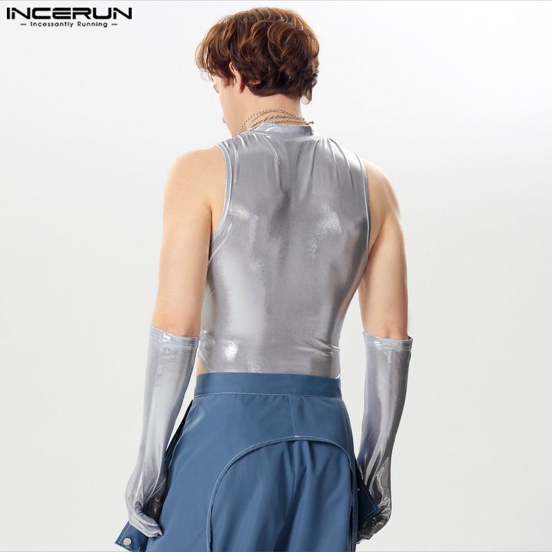 Incerun-Bodysuit sem mangas monocromático brilhante O-pescoço masculino com luvas, macacão masculino sexy, streetwear magro, moda, S-5XL, 2024