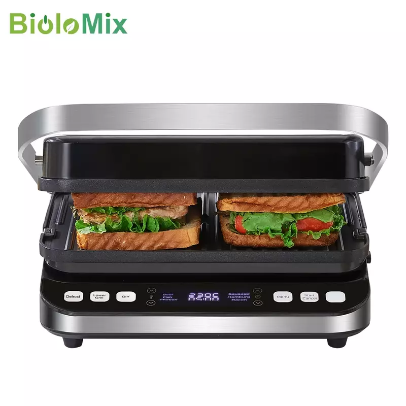 2000W Electric Contact Grill Digital Griddle and Panini Press, Optional Waffle Maker Plates, Opens 180 Degree Barbecue