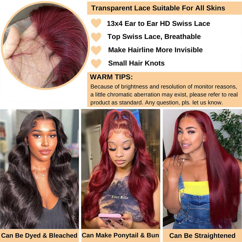Borgonha Lace Front peruca de cabelo humano para mulheres, pré arrancadas, transparente, colorido, onda do corpo, 13x6, HD, 99j, 13x4