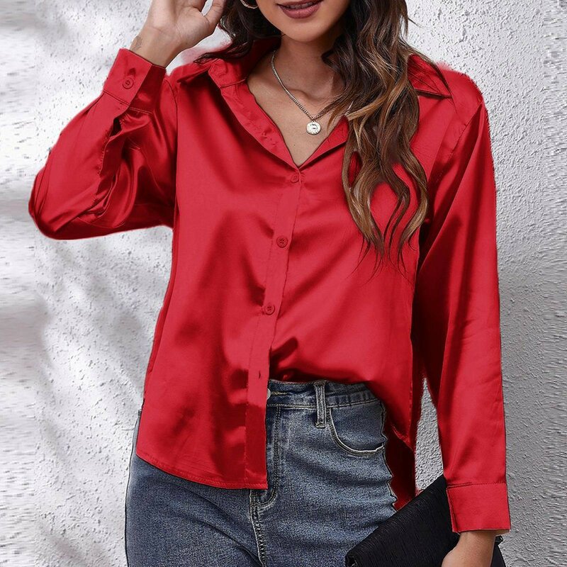 Women's Satin Imitation Silk Shirt Fashion Button Turn-down Collar Long Sleeved Vintage Blouse Solid Color Loose Casual Tops