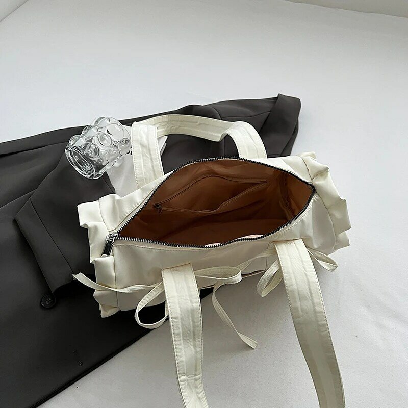 Solid Color Bow Design Canvas Shoulder Bag for Women 2024 Korean Fashion Sweet Underarm Bag Handbags Shopper Shopping Bags
