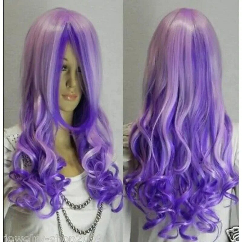 Schöne lange lila gemischte lockige Haare Frauen Perücke neue Cosplay Perücke